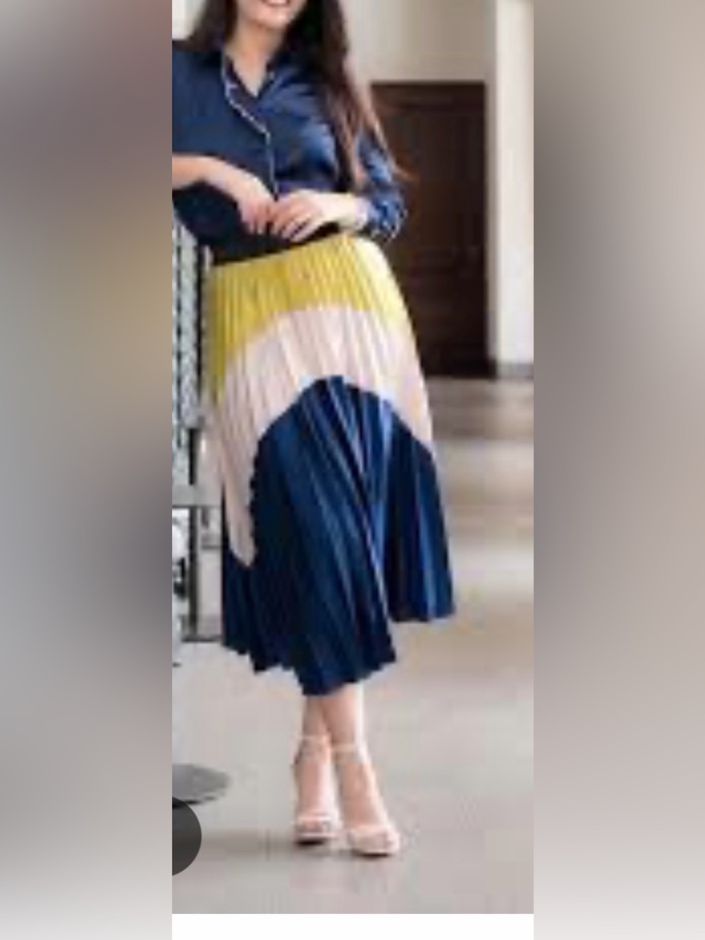 Colorblock Pleated Midi Skirt in Navy, Cream & Yellow